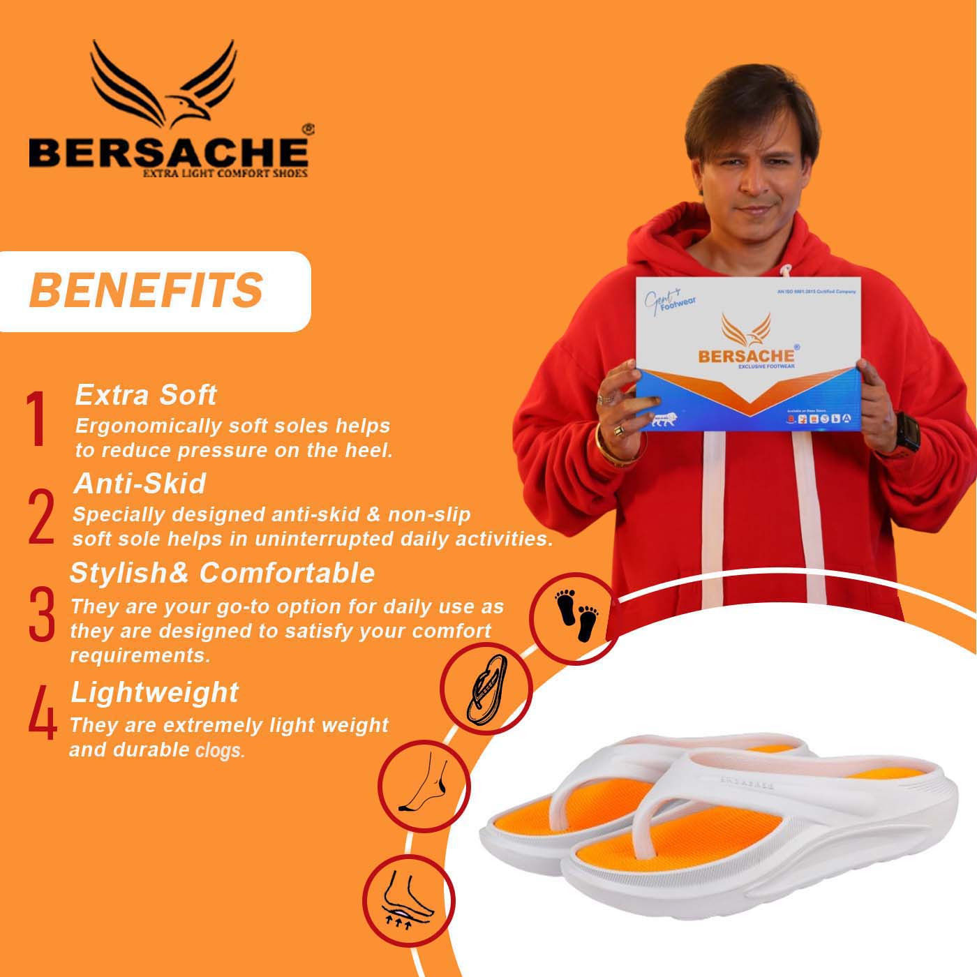 Bersache Extra Soft Classic Casual with Regular wear with Ultra Soft & Flexibility Technology Clogs for Men's & Boy's-(6175-Orange)