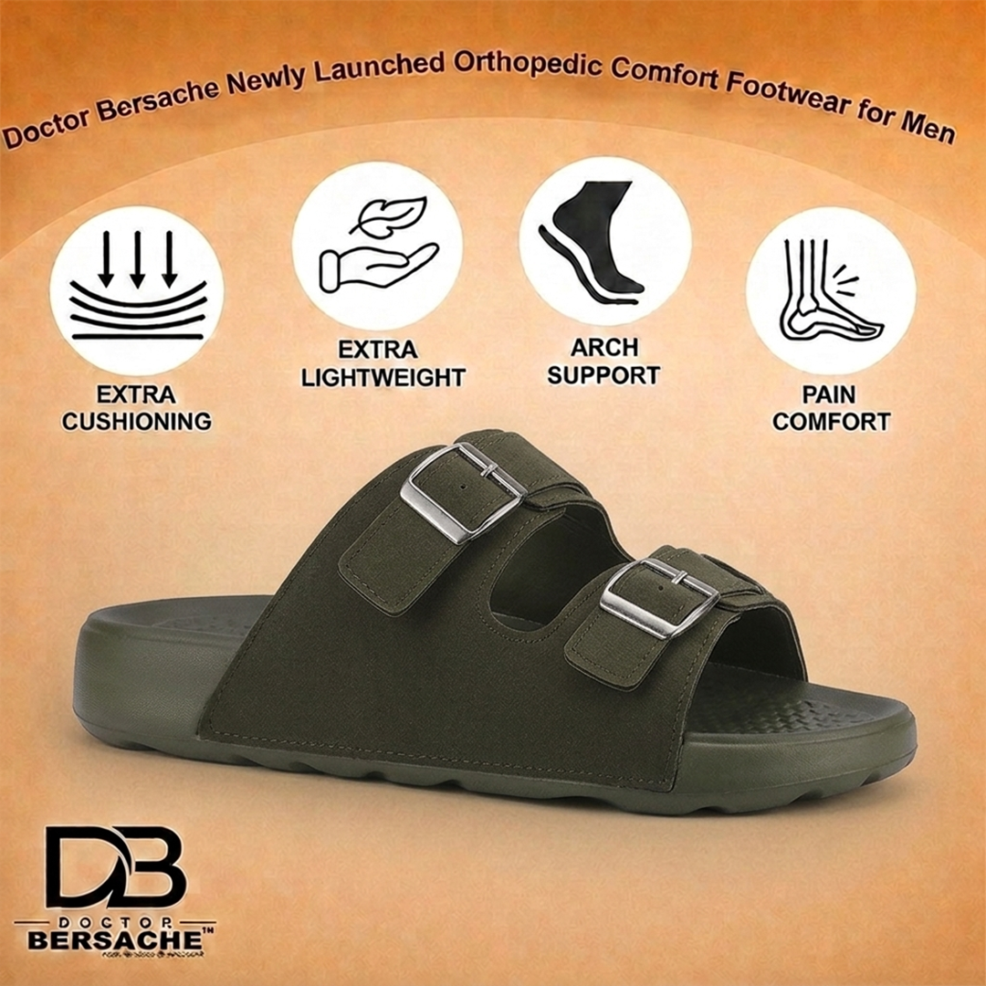 Doctor Bersache Newly Launched Orthopedic Comfort slider for Men | Diabetic Friendly | Extra Cushioning | Arch Support | Pain | Olive -DS133