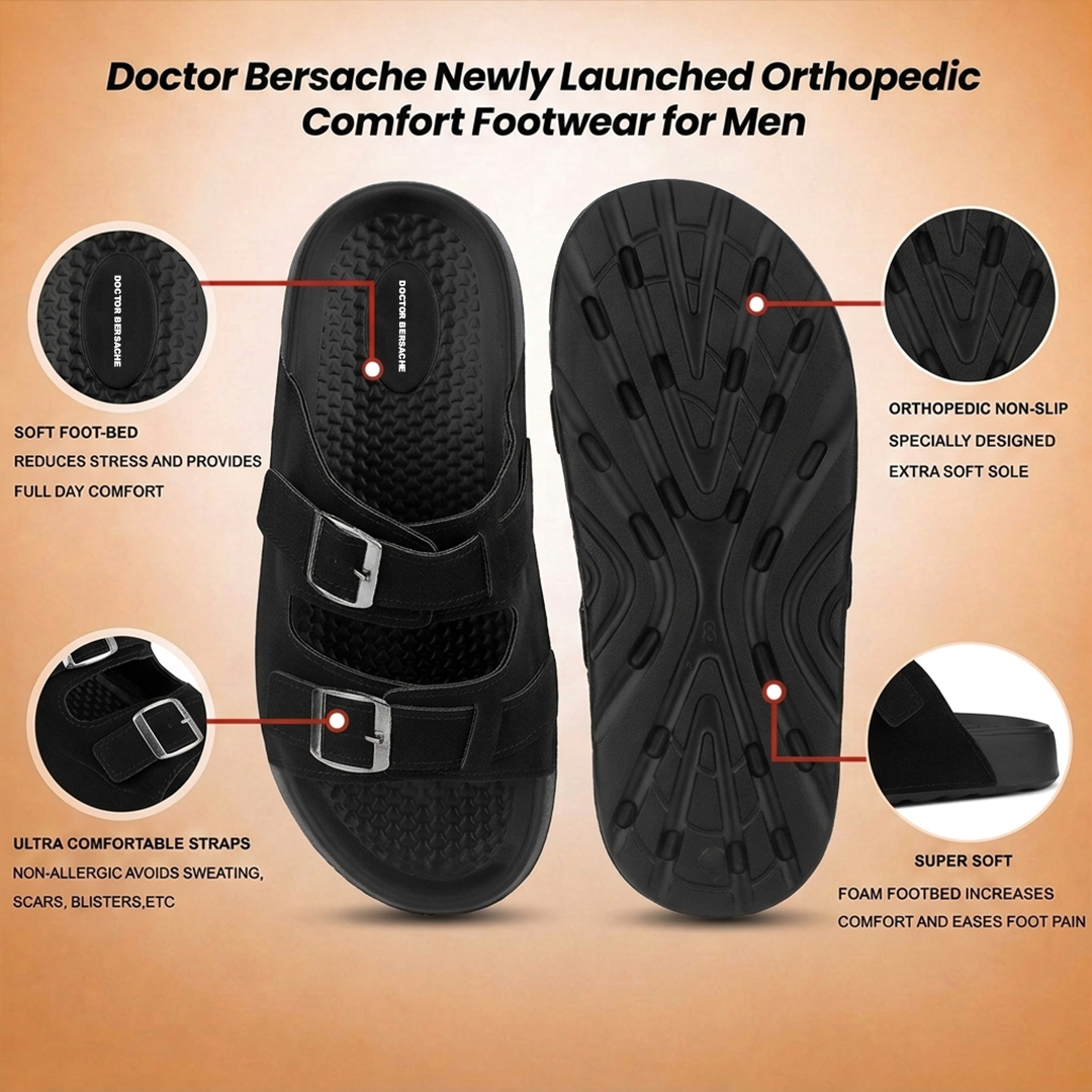 Doctor Bersache Newly Launched Orthopedic Comfort Slider for Men | Diabetic Friendly | Extra Cushioning | Arch Support | Pain Relief Black-DB -132