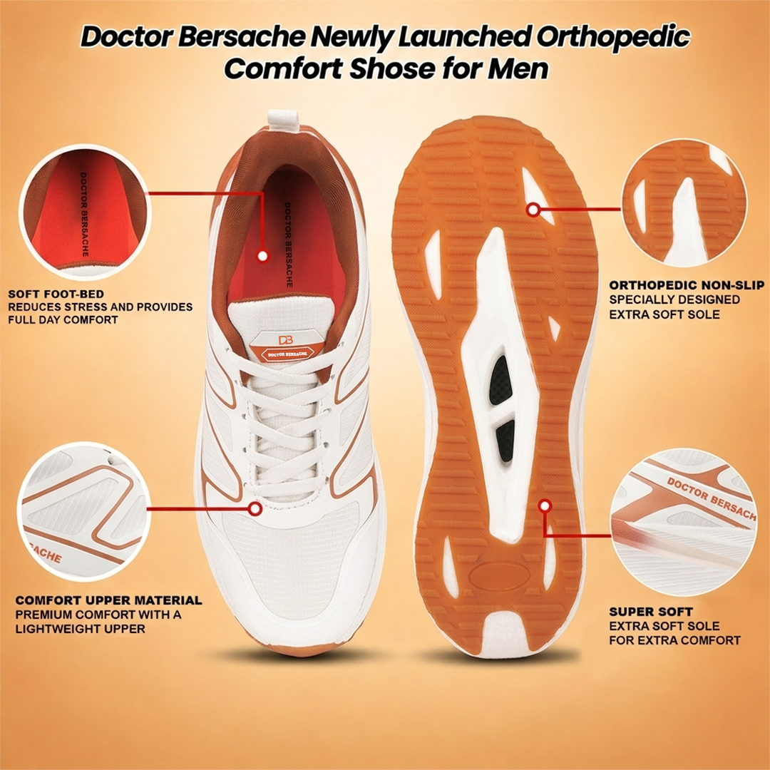 Doctor Bersache Newly Launched Orthopedic Comfort Sport Shoes for Men | Diabetic Friendly | Extra Cushioning | Arch Support | Pain | White-DS118