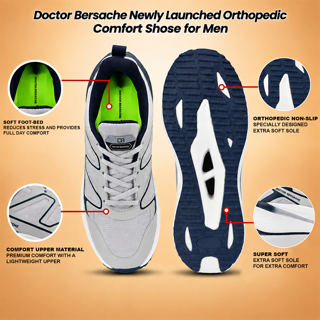Doctor Bersache Newly Launched Orthopedic Comfort Sport Shoes for Men | Diabetic Friendly | Extra Cushioning | Arch Support | Pain | Grey-DS117