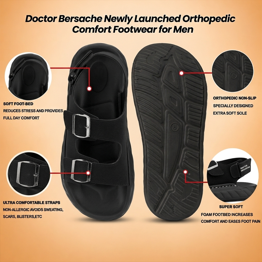 Doctor Bersache Newly Launched Orthopedic Comfort slider for Men | Diabetic Friendly | Extra Cushioning | Arch Support | Pain | Black-DS136
