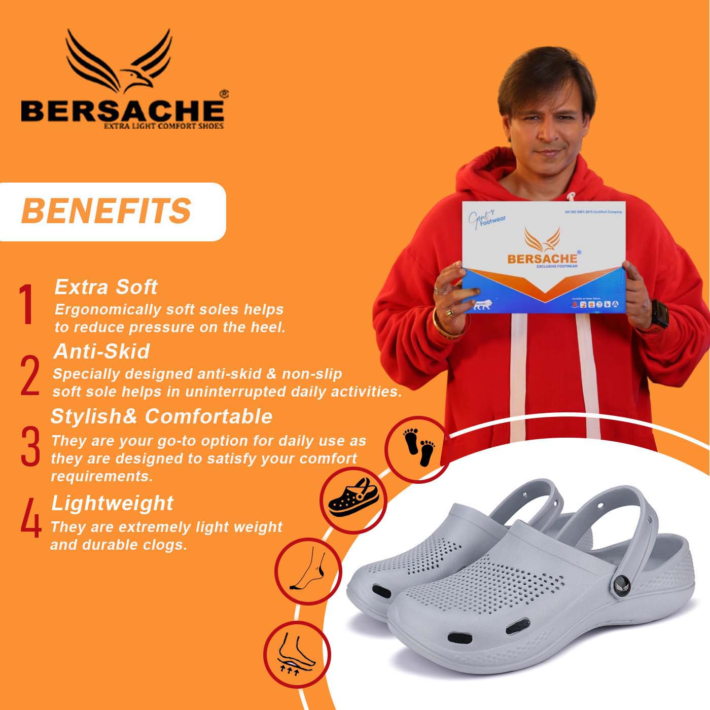 Bersache Extra Soft Classic Casual with Regular wear with Ultra Soft & Flexibility Technology Clogs for Men's & Boy's Grey-6012