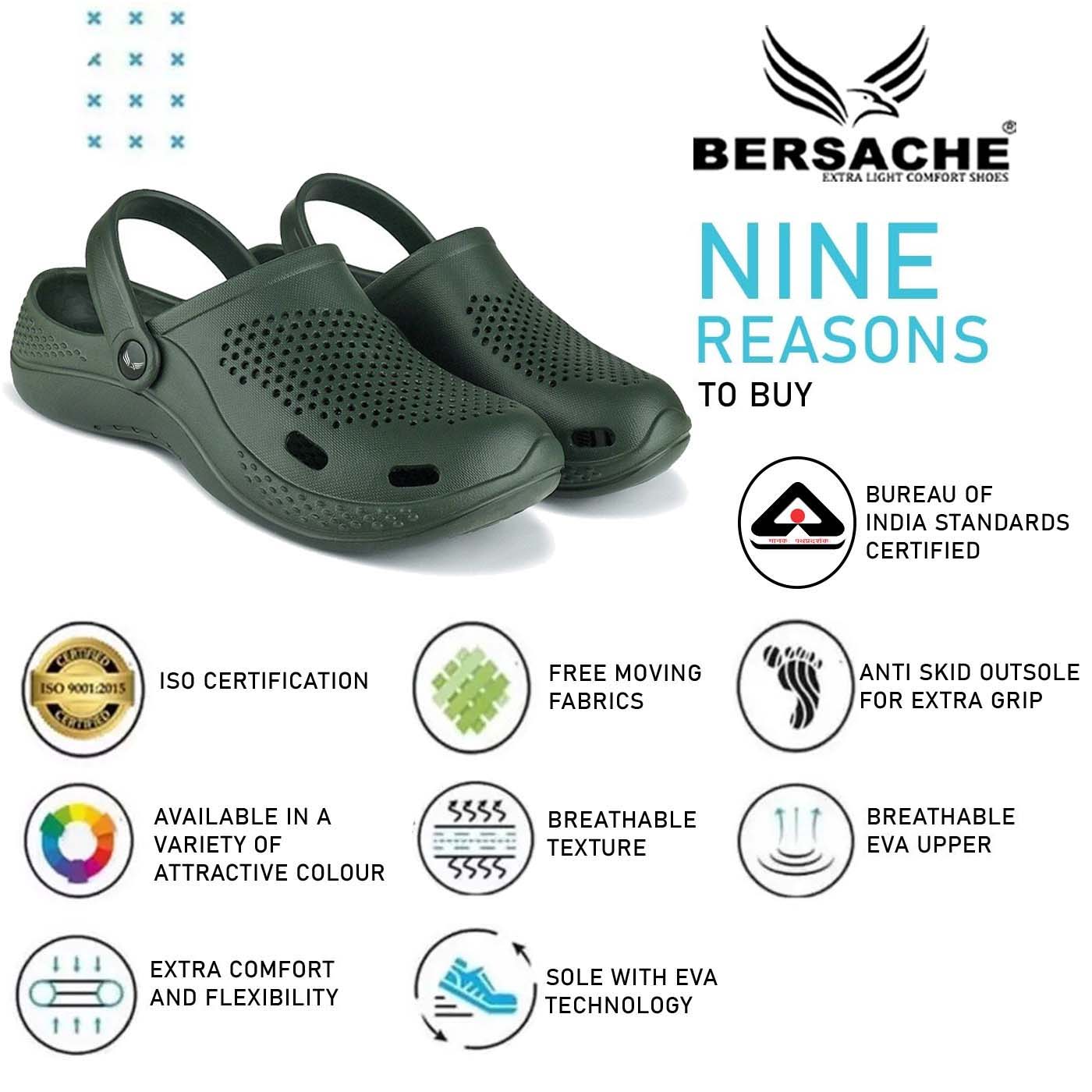 Bersache Extra Soft Classic Casual with Regular wear with Ultra Soft & Flexibility Technology Clogs for Men's & Boy's -Green -6068