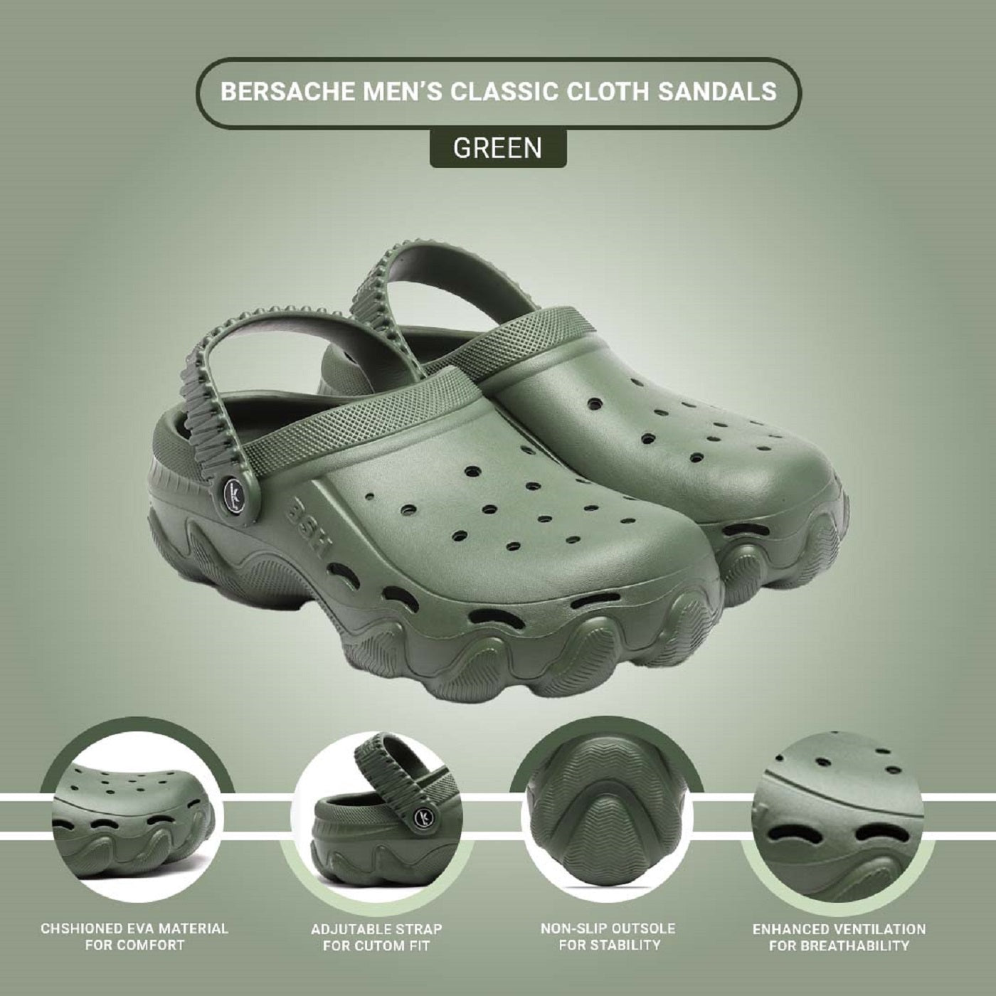 Bersache Extra Soft Classic Casual with Regular wear with Ultra Soft & Flexibility Technology Clog's for Men's & Boy's-Green-6088