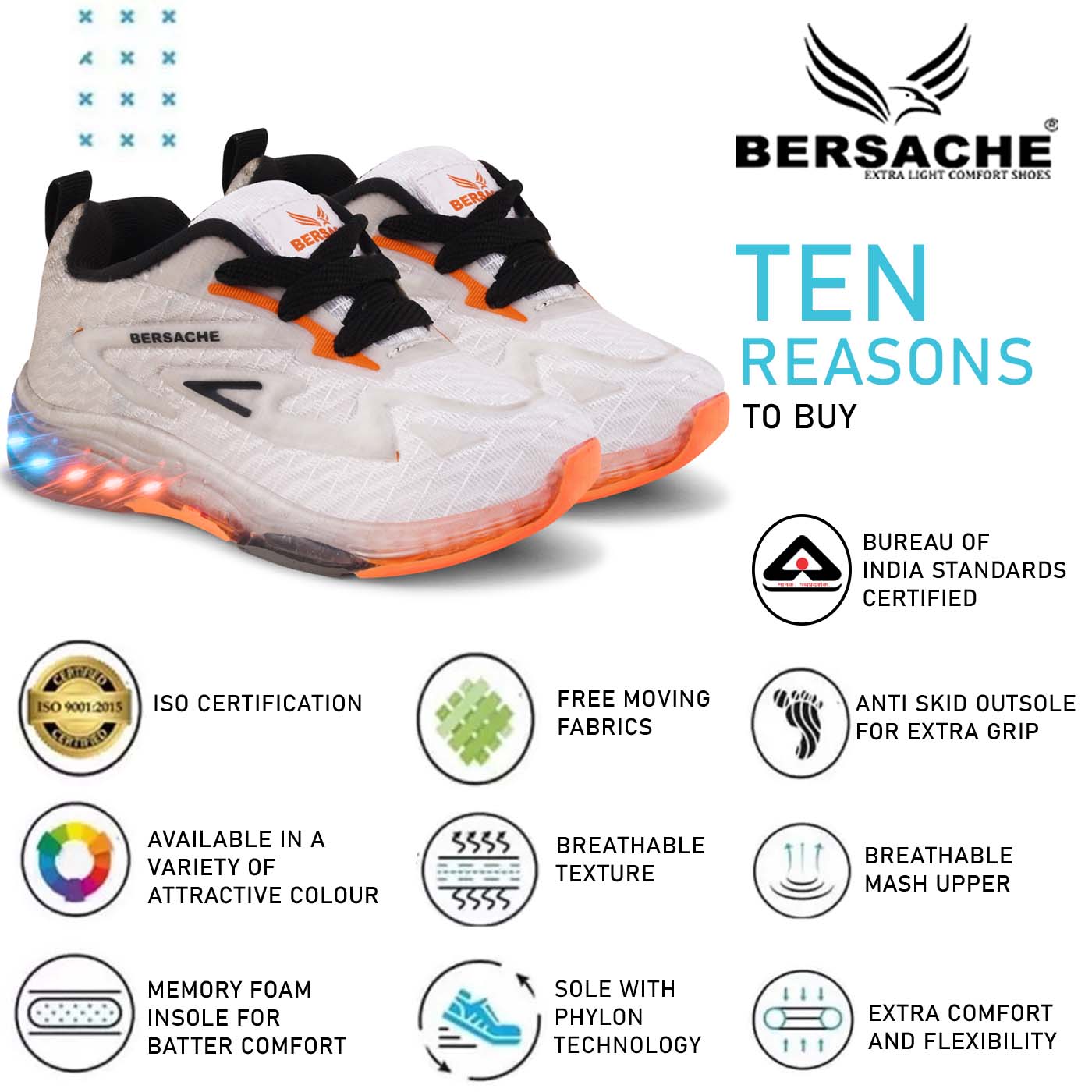 Bersache Casual Sneaker shoe for Kids|Soft Cushioned Insole,Slip-Resistance Casuals For Kids - White -8034.