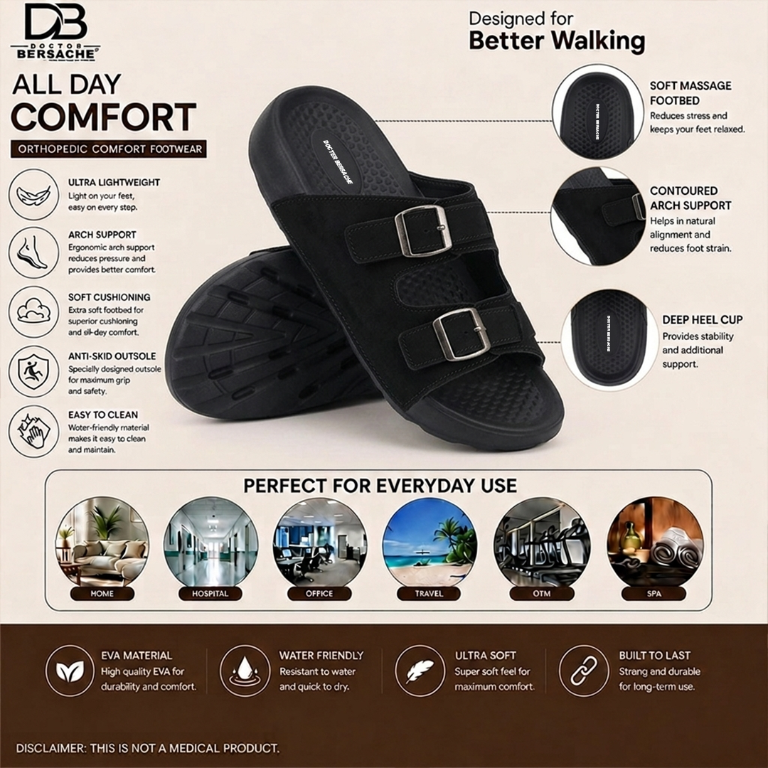 Doctor Bersache Newly Launched Orthopedic Comfort slider for Men | Diabetic Friendly | Extra Cushioning | Arch Support | Pain | Black-DS132