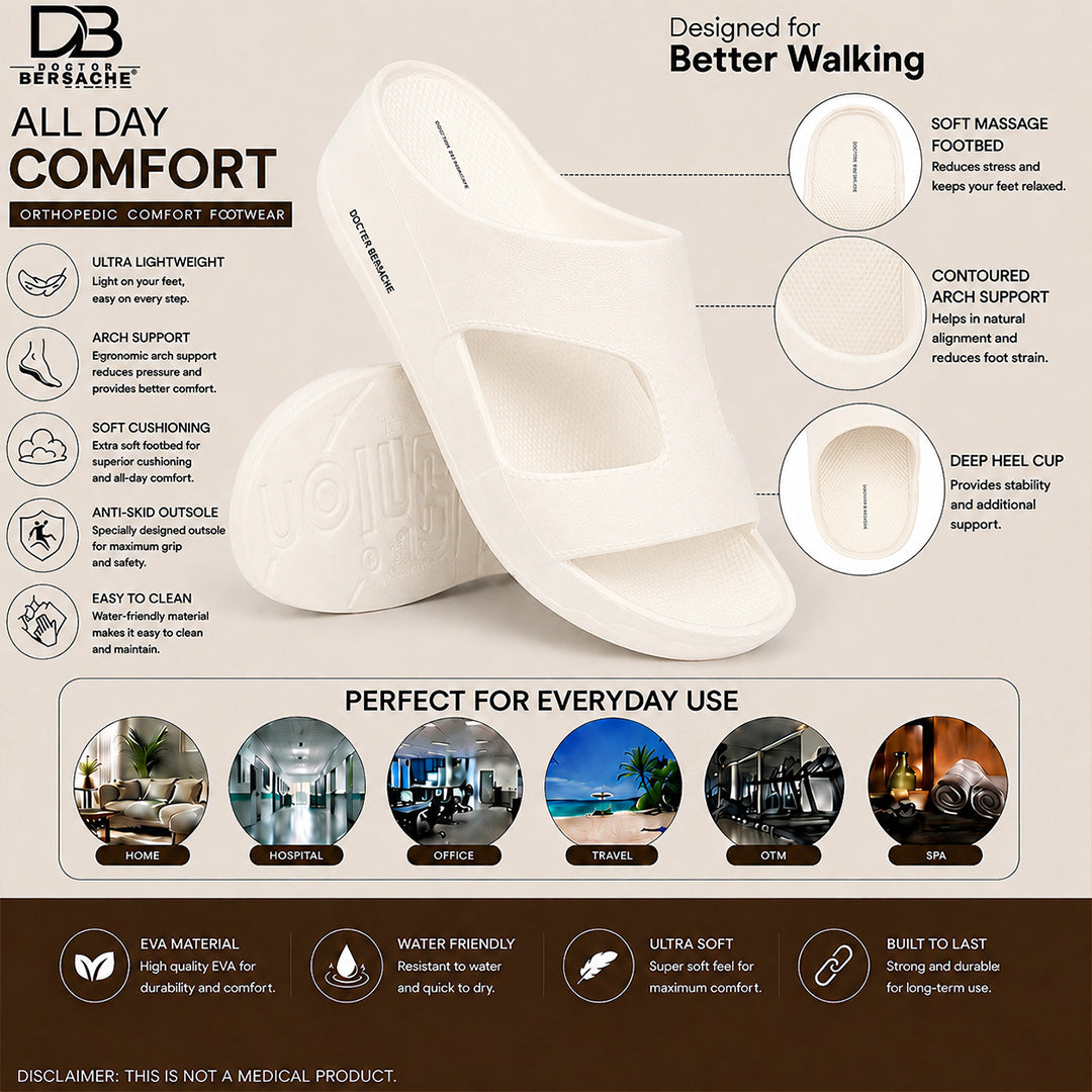 Doctor Bersache Newly Launched Orthopedic Comfort Slider for Men | Diabetic Friendly | Extra Cushioning | Arch Support | Pain White-DS113.