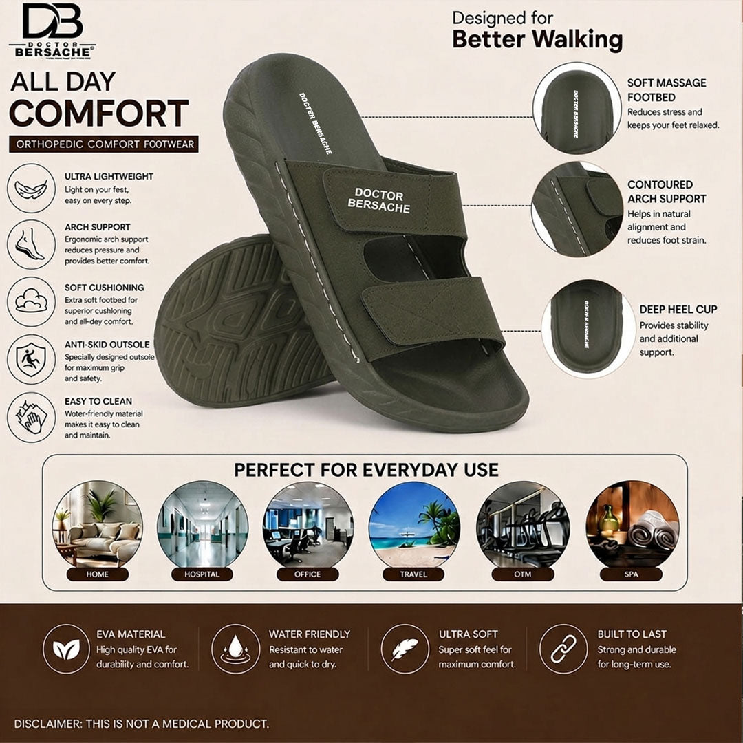 Doctor Bersache Newly Launched Orthopedic Comfort slider for Men | Diabetic Friendly | Extra Cushioning | Arch Support | Pain | Olive Green-DS129