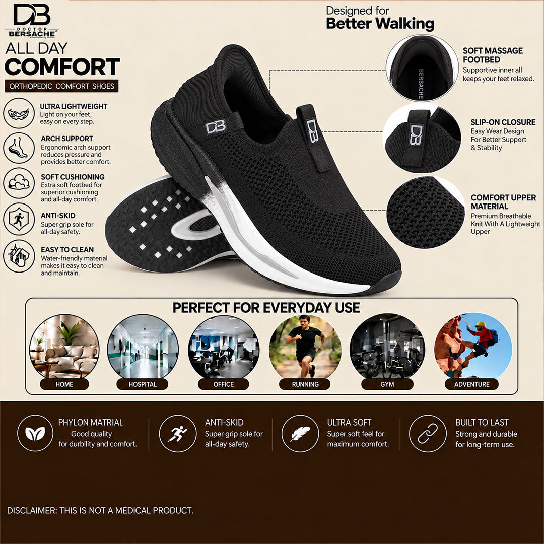 Doctor Bersache Newly Launch Pain Relief Sports Shoes for Men | Diabetic Friendly | Orthopedic Design | Extra Cushioning | Arch Support insole | Black-DB-138