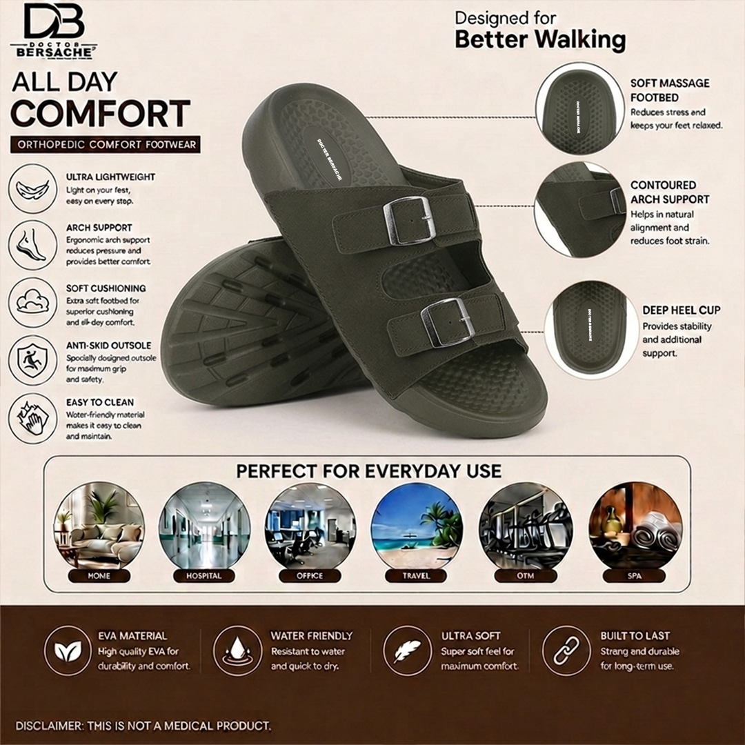Doctor Bersache Newly Launched Orthopedic Comfort slider for Men | Diabetic Friendly | Extra Cushioning | Arch Support | Pain | Olive -DS133