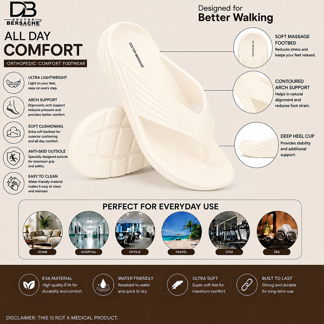 Doctor Bersache Newly Launched Orthopedic Comfort Slipper & Flip-flop for Men | Diabetic Friendly | Extra Cushioning | Arch Support | Pain | White-DS110.