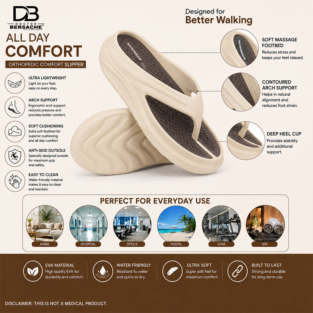 Doctor Bersache Newly Launched Orthopedic Comfort Slippers And Flip-Flop for Men | Diabetic Friendly | Extra Cushioning | Arch Support | Pain | Beige DS102