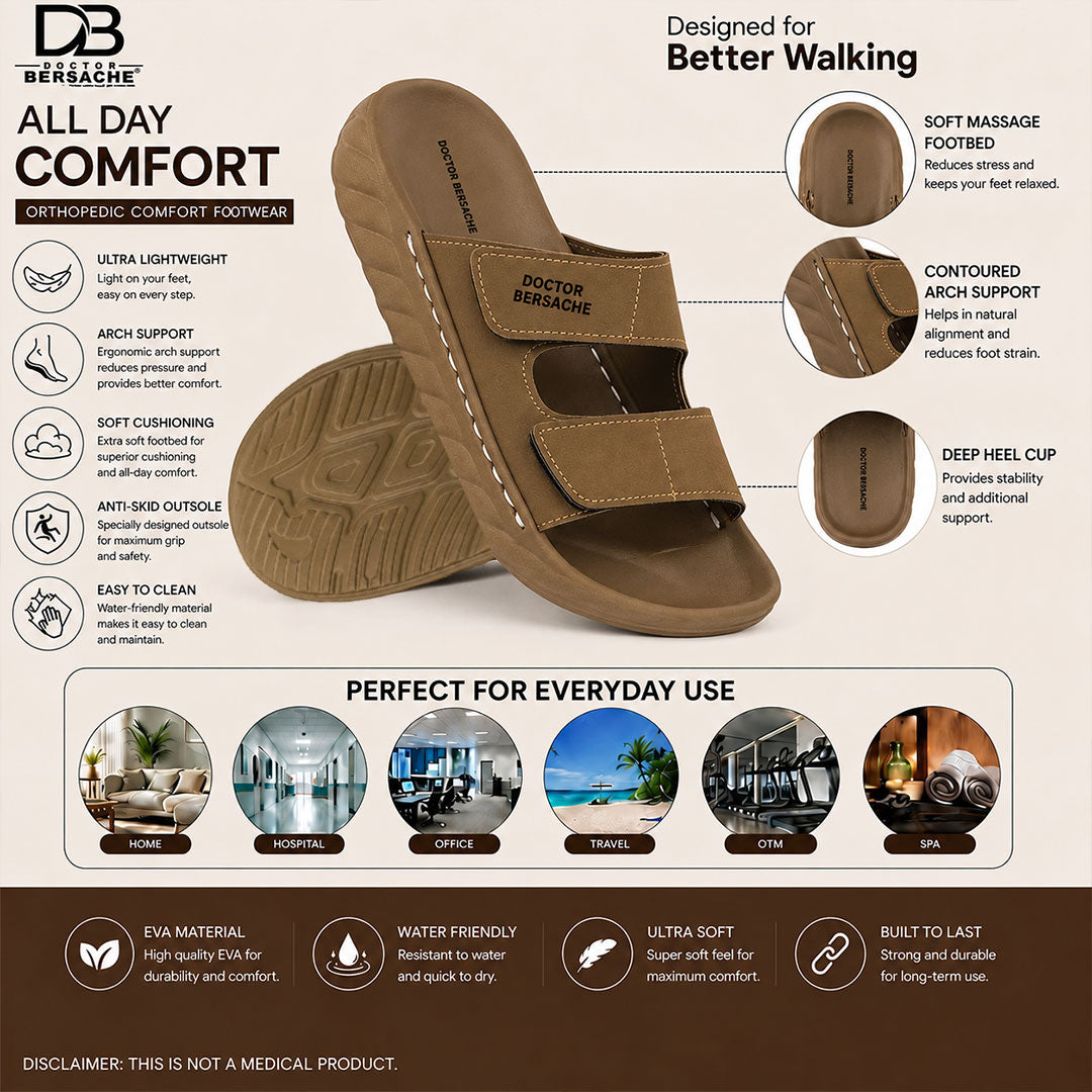 Orthopedic Comfort slider for Men | Diabetic Friendly | Extra Cushioning | Arch Support | Pain | Brown-DS128