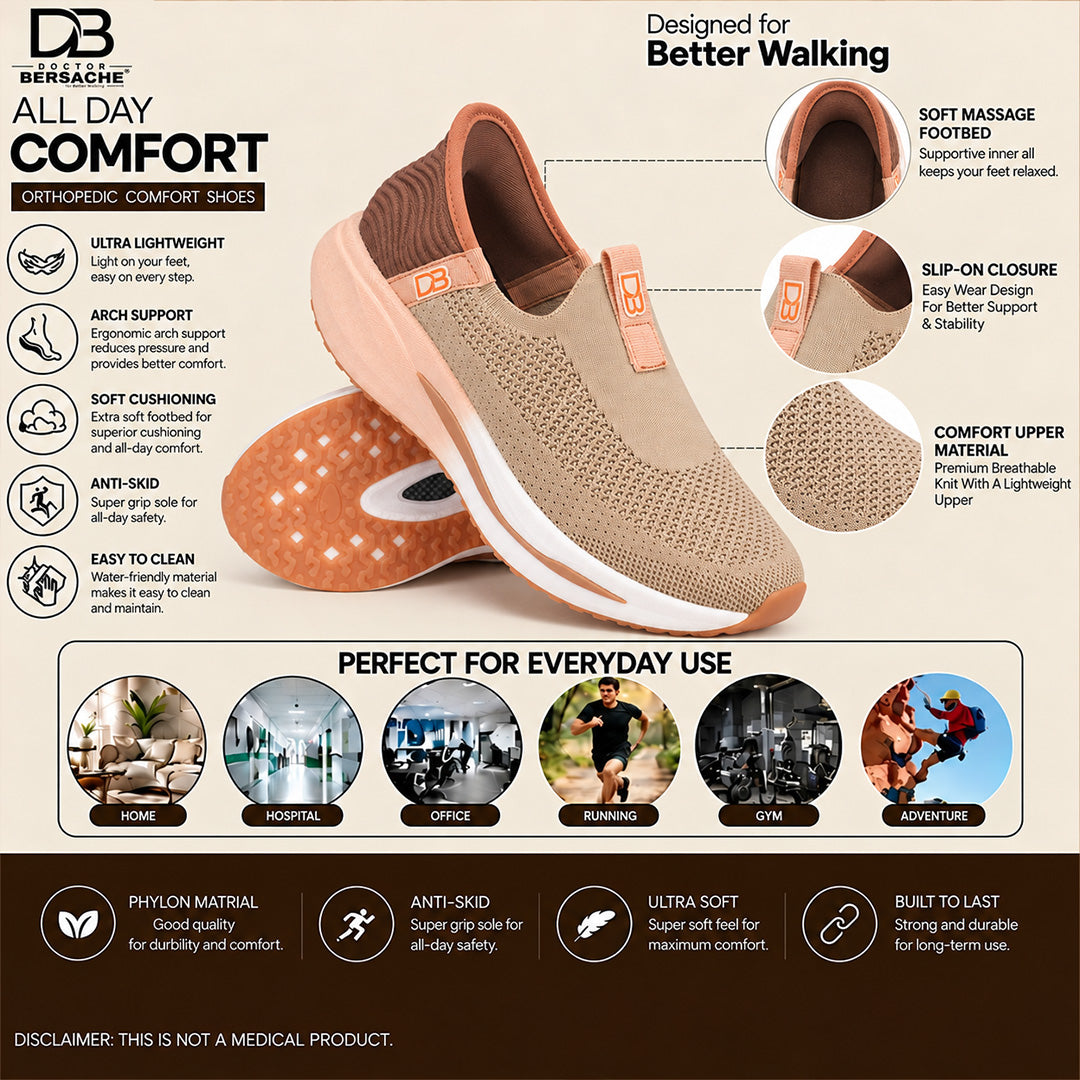 Doctor Bersache Newly Launch Pain Relief Sports Shoes for Men | Diabetic Friendly | Orthopedic Design | Extra Cushioning | Arch Support insole | Brown-DB-137