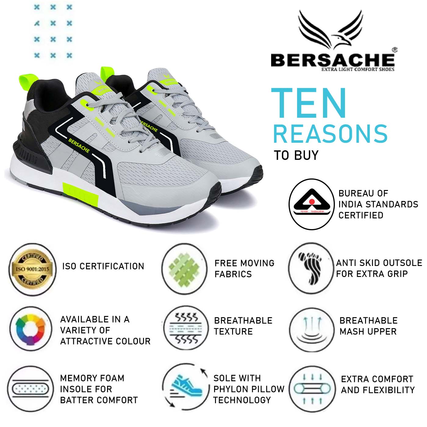 Bersache Lightweight Sports Running Walking Trekking Shoes For Men (9080-Grey)