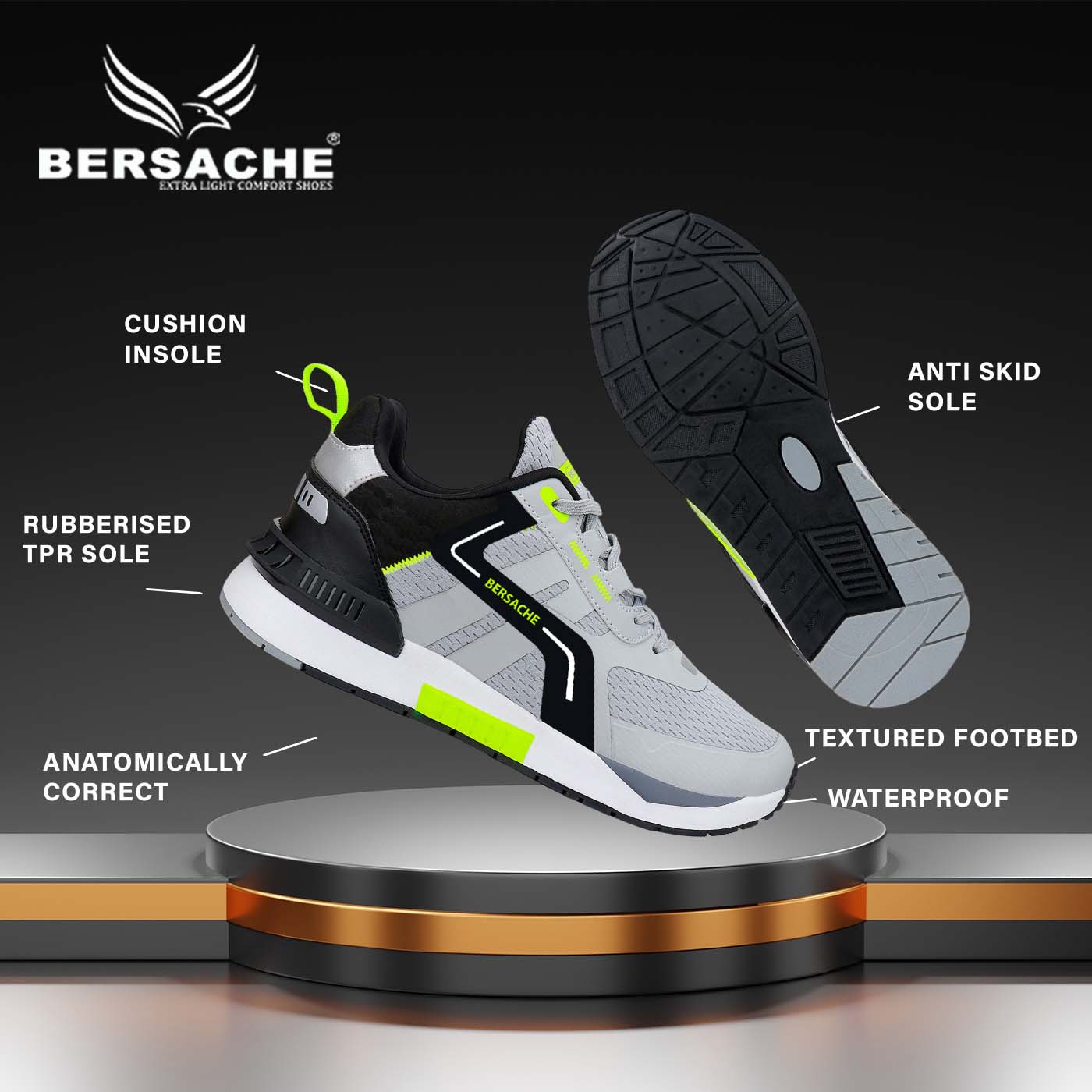 Bersache Lightweight Sports Running Walking Trekking Shoes For Men (9080-Grey)
