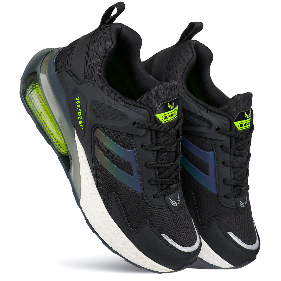 Bersache Lightweight Sports Running Walking Trekking Shoes For Men(Black-Green-9076)