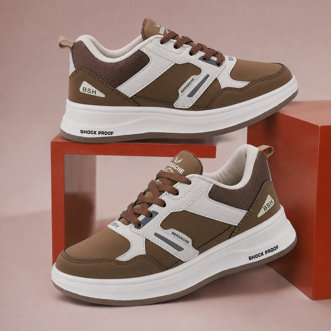 Bersache Casual Sneaker shoe for Men| Soft Cushioned Insole , Slip-Resistance Casuals For Men (Brown-White-8144).