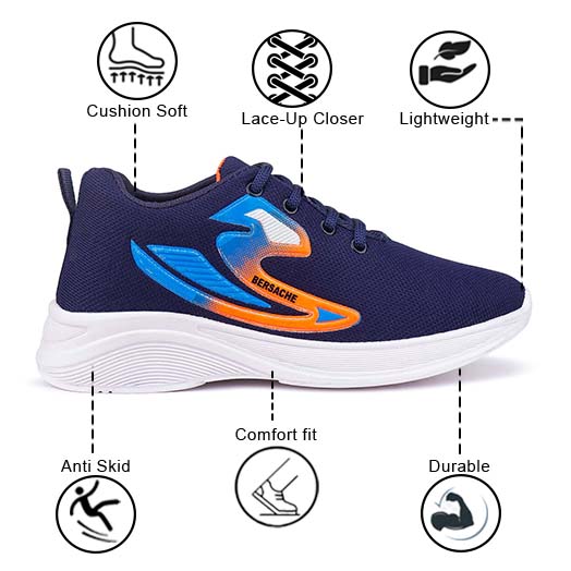 Bersache Premium Sports,walking,Gym,cricket,Trending Running Shoes For Kid's - Navy Blue-8044.