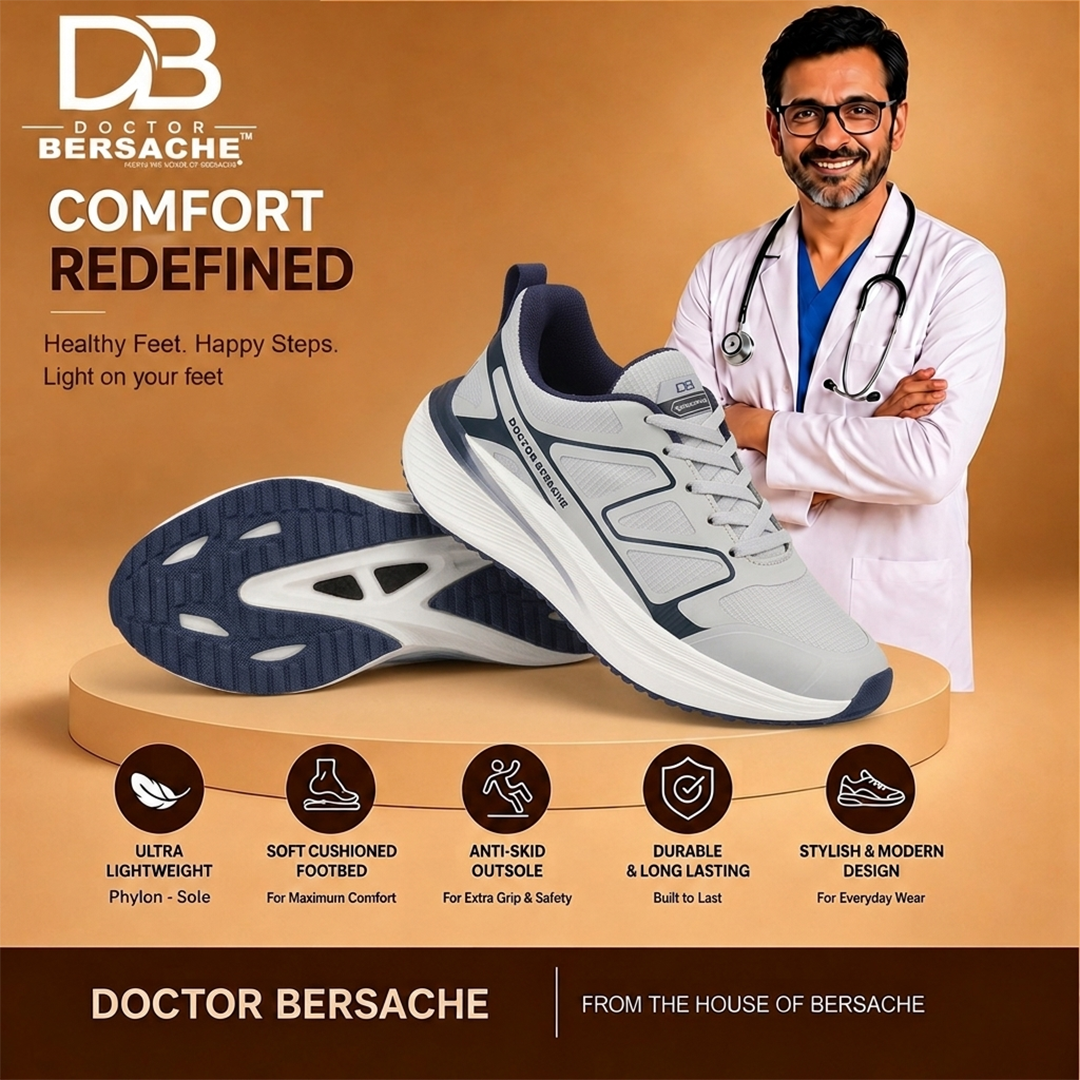 Doctor Bersache Newly Launched Orthopedic Comfort Sport Shoes for Men | Diabetic Friendly | Extra Cushioning | Arch Support | Pain | Grey-DS117