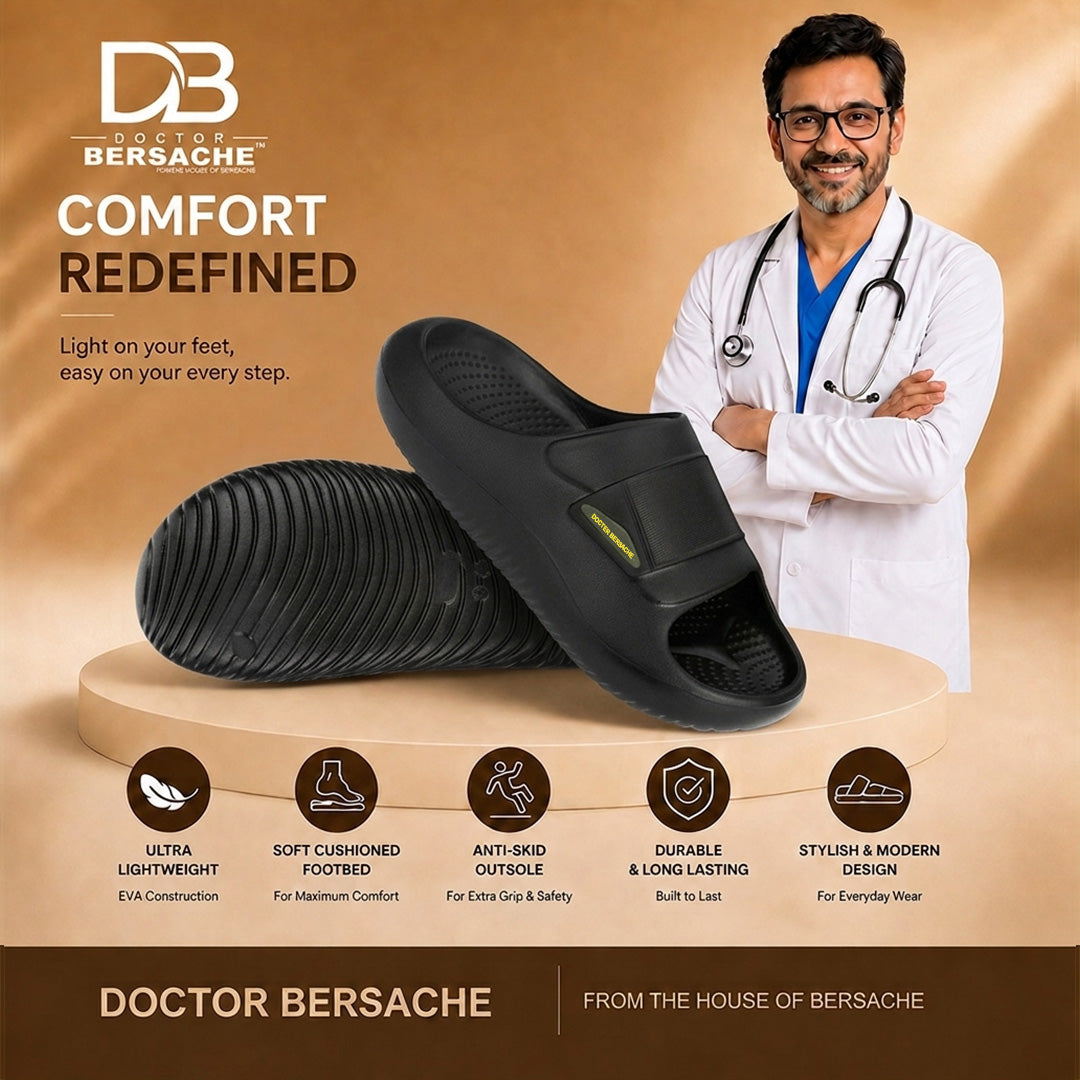 Doctor Bersache Newly Launched Orthopedic Comfort Slider for Men | Diabetic Friendly | Extra Cushioning | Arch Support | Pain |Black-DS106.