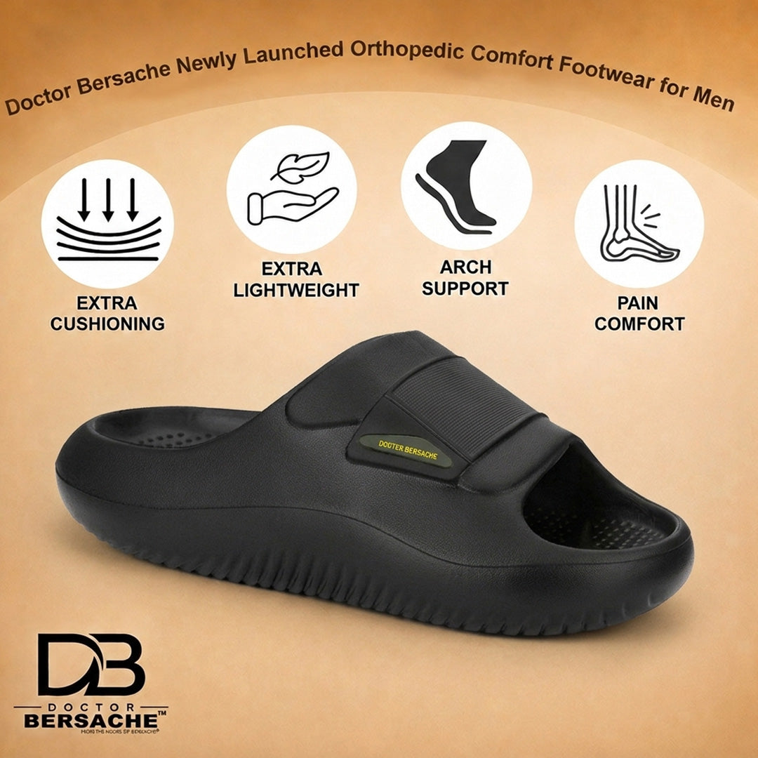 Doctor Bersache Newly Launched Orthopedic Comfort Slider for Men | Diabetic Friendly | Extra Cushioning | Arch Support | Pain |Black-DS106.