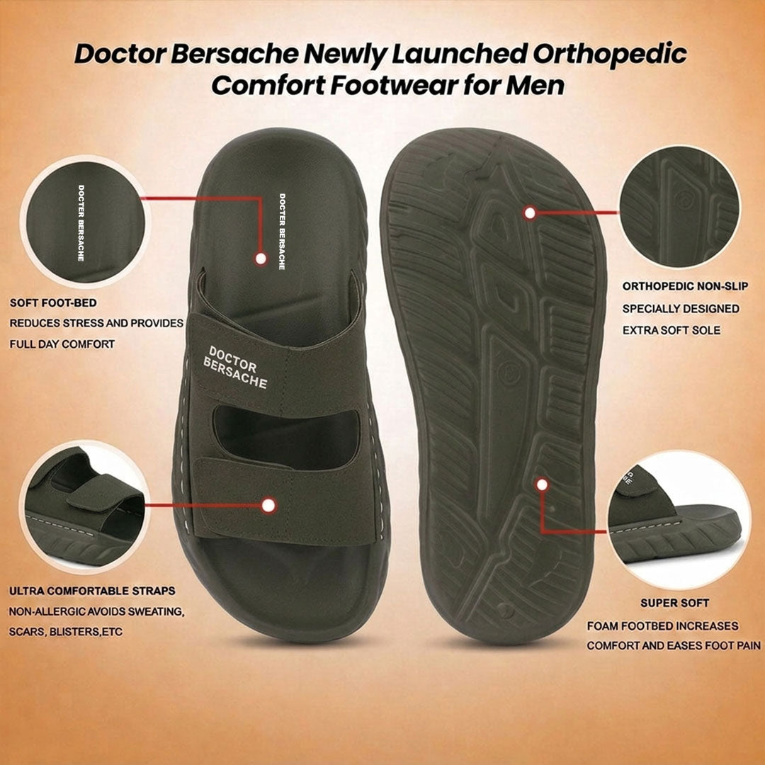 Doctor Bersache Newly Launched Orthopedic Comfort slider for Men | Diabetic Friendly | Extra Cushioning | Arch Support | Pain | Olive Green-DS129