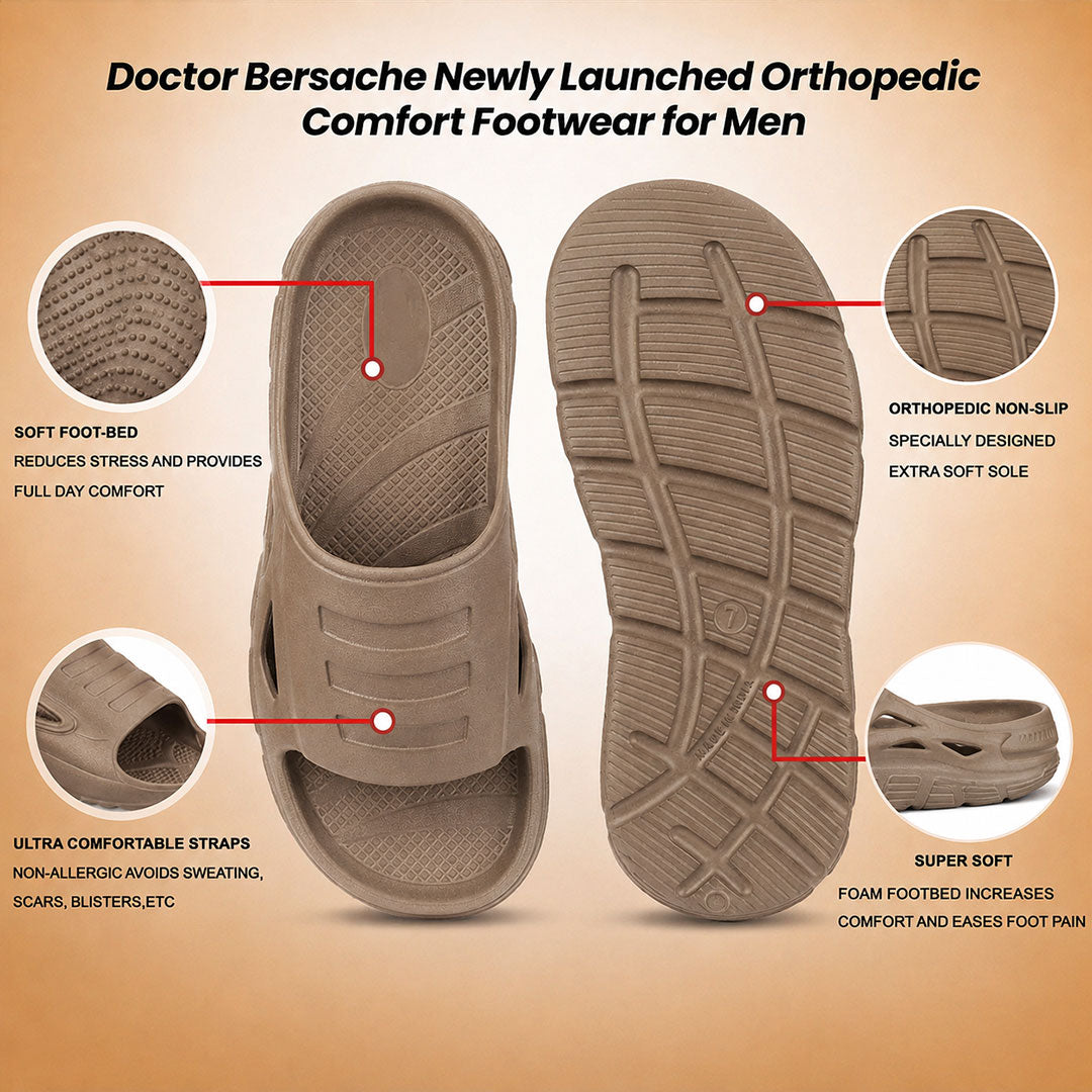 Doctor Bersache Newly Launched Orthopedic Comfort Slider for Men | Diabetic Friendly | Extra Cushioning | Arch Support | Pain |Brown-DS108.