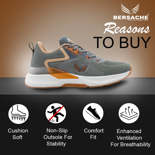Bersache Premium Sports ,Gym, Trending Stylish Running Shoes For Men (9204-Grey/Orange)