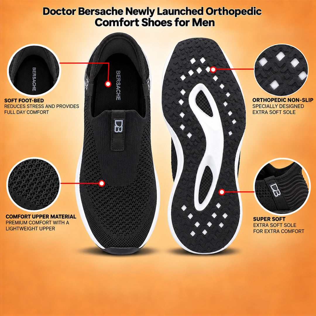 Doctor Bersache Newly Launch Pain Relief Sports Shoes for Men | Diabetic Friendly | Orthopedic Design | Extra Cushioning | Arch Support insole | Black-DB-138