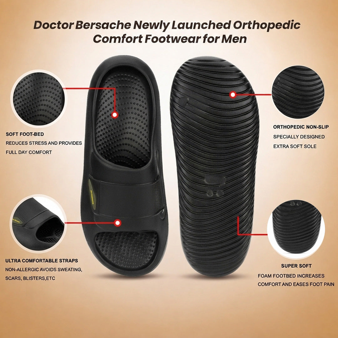 Doctor Bersache Newly Launched Orthopedic Comfort Slider for Men | Diabetic Friendly | Extra Cushioning | Arch Support | Pain |Black-DS106.