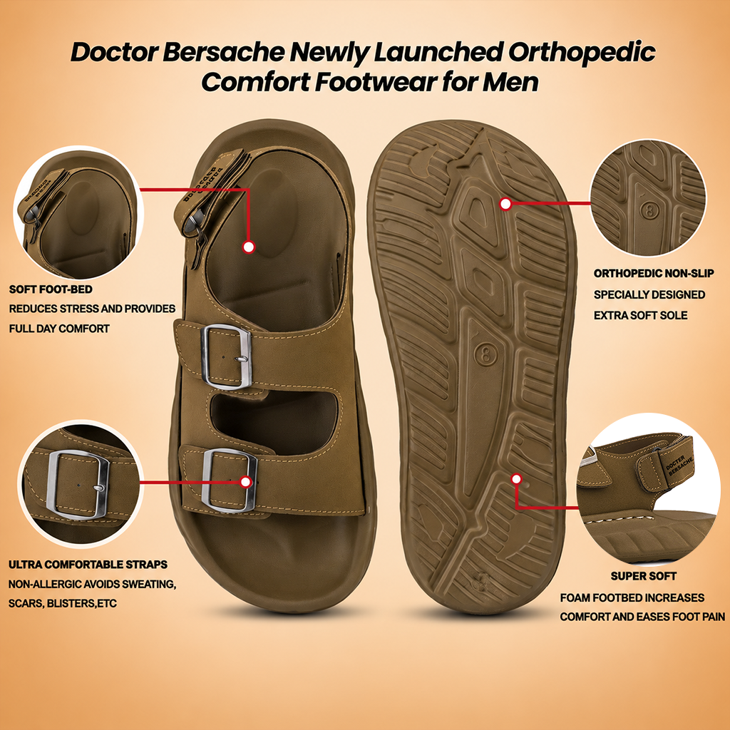 Doctor Bersache Newly Launched Orthopedic Comfort slider for Men | Diabetic Friendly | Extra Cushioning | Arch Support | Pain | Brown-DS135