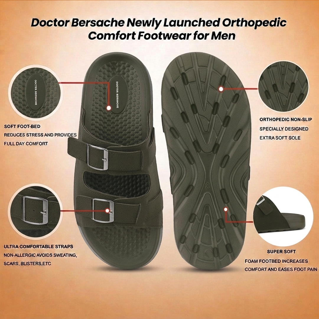 Doctor Bersache Newly Launched Orthopedic Comfort slider for Men | Diabetic Friendly | Extra Cushioning | Arch Support | Pain | Olive -DS133