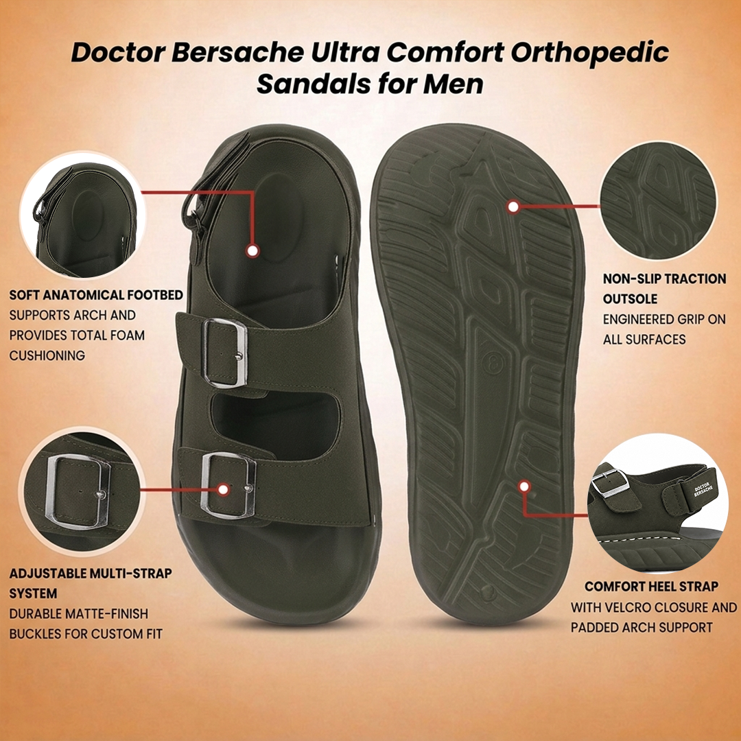 Doctor Bersache Newly Launched Orthopedic Comfort slider for Men | Diabetic Friendly | Extra Cushioning | Arch Support | Pain | Olive -DS134