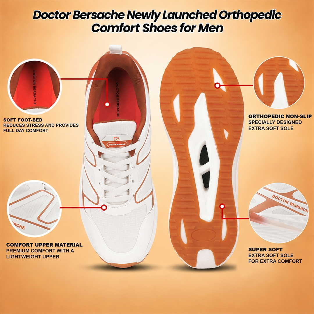 Doctor Bersache Newly Launch Pain Relief Sports Shoes for Men | Diabetic Friendly | Orthopedic Design | Extra Cushioning | Arch Support insole | White-DB-118