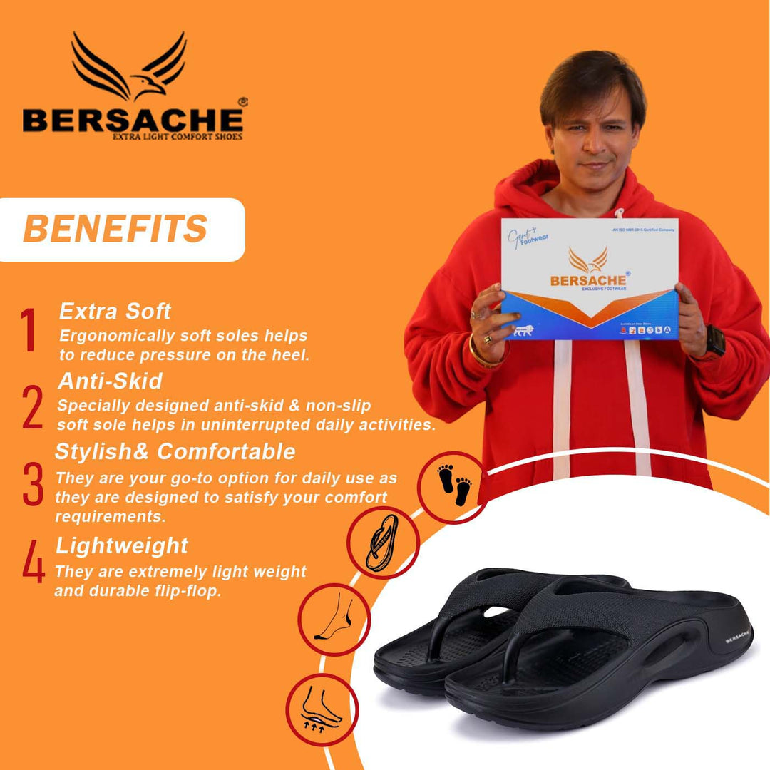 Bersache Extra Soft Classic Casual with Back Strap Regular wear with Ultra Soft & Flexibility Technology Flip-Flop for Men's/ Boy's-Black-6061