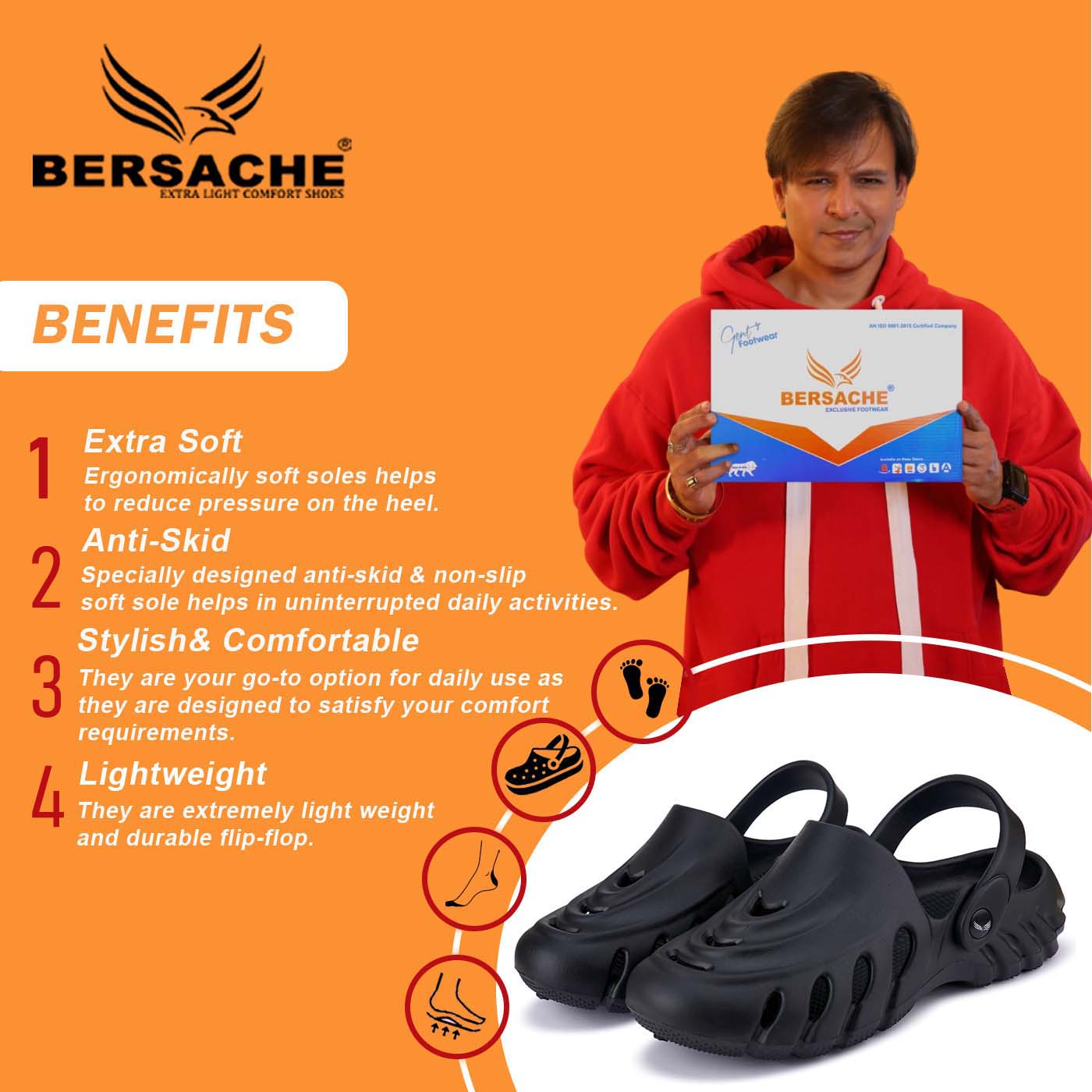 Bersache Extra Soft Classic Casual with Back Strap Regular wear with Ultra Soft & Flexibility Technology Flip-Flop for Men's/ Boy's-Black-6063