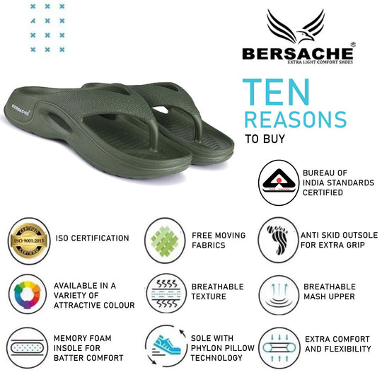 Bersache Extra Soft Classic Casual with Back Strap Regular wear with Ultra Soft & Flexibility Technology Flip-Flop for Men's/ Boy's 6065-Green