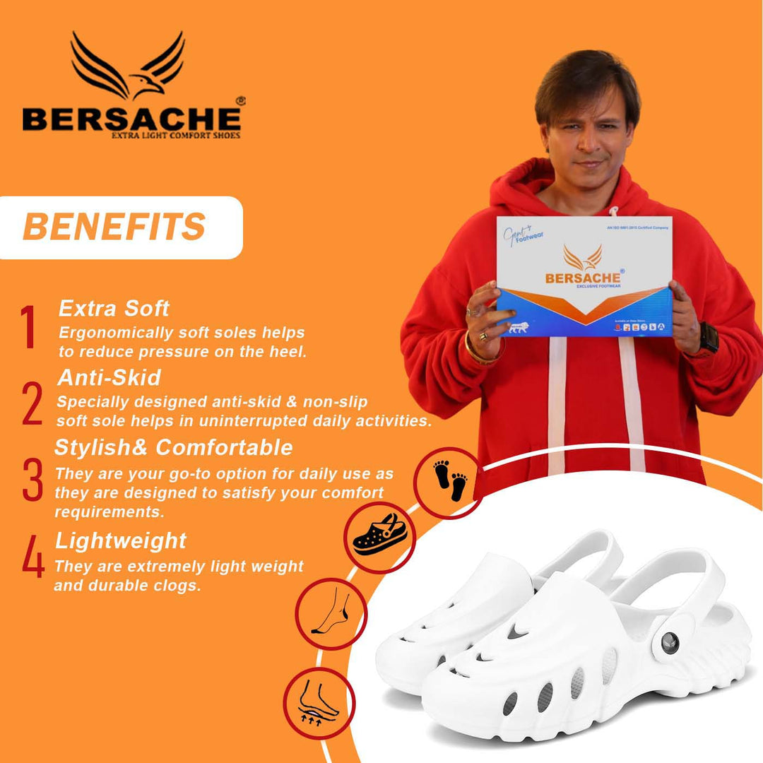 Bersache Extra Soft Classic Casual with  Regular wear with Ultra Soft & Flexibility Technology Clogs for Men's & Boy's-White-6069