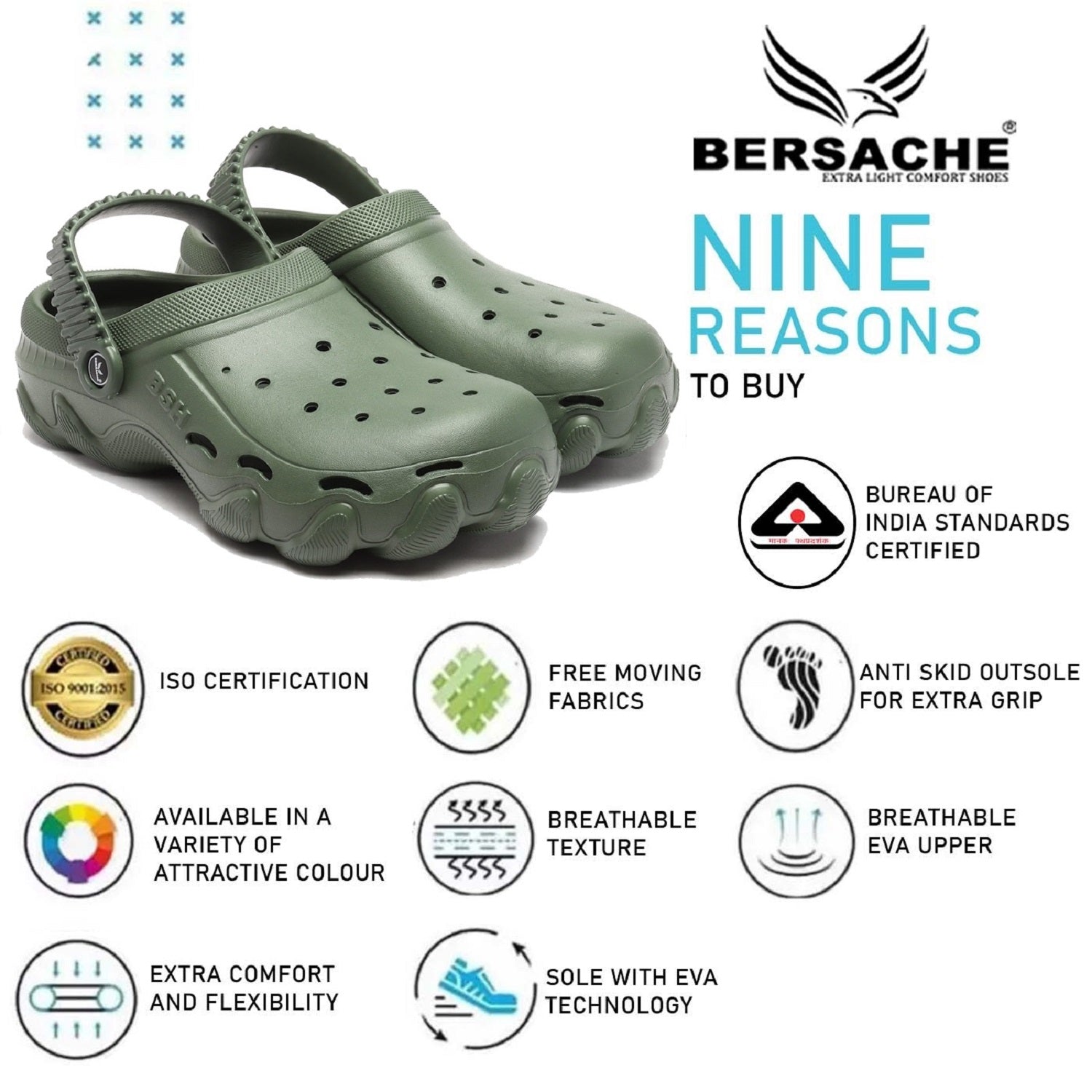 Bersache Extra Soft Classic Casual with  Regular wear with Ultra Soft & Flexibility Technology Clog's for Men's & Boy's-Green-6088