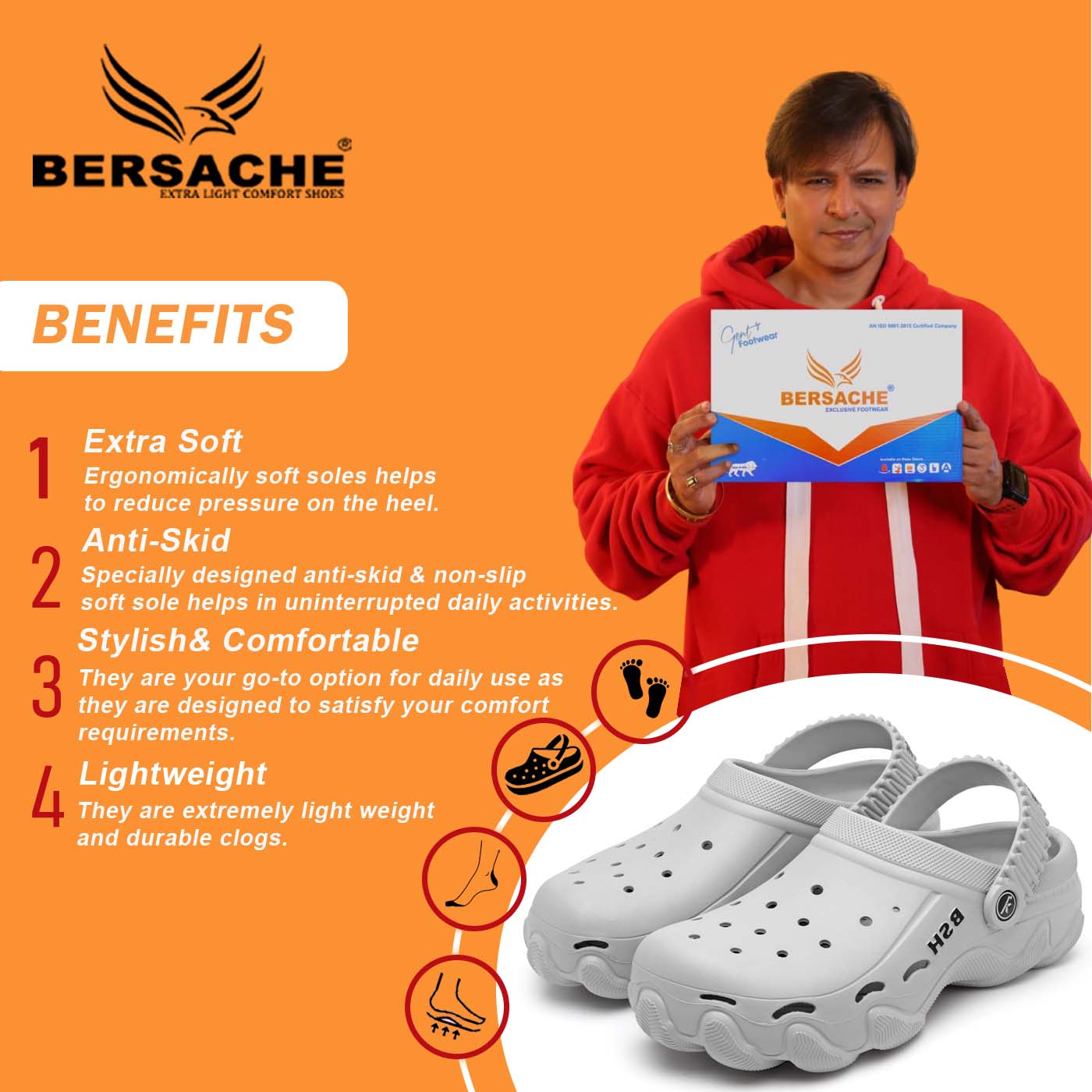 Bersache Extra Soft Classic Casual with  Regular wear with Ultra Soft & Flexibility Technology Clog's for Men's & Boy's-Grey-6090