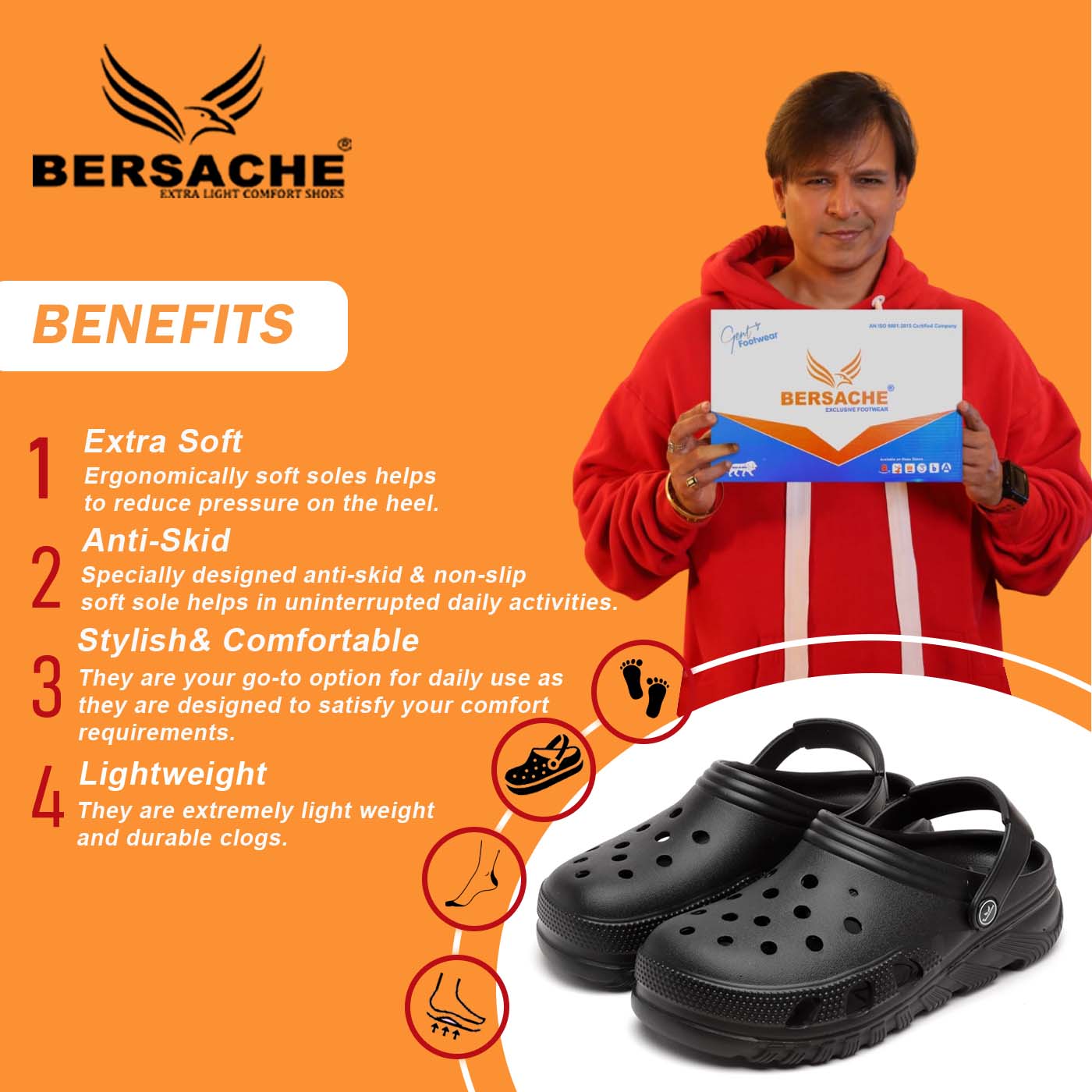 Bersache Extra Soft Classic Casual with  Regular wear with Ultra Soft & Flexibility Technology Clog's for Men's & Boy's-Black-6094