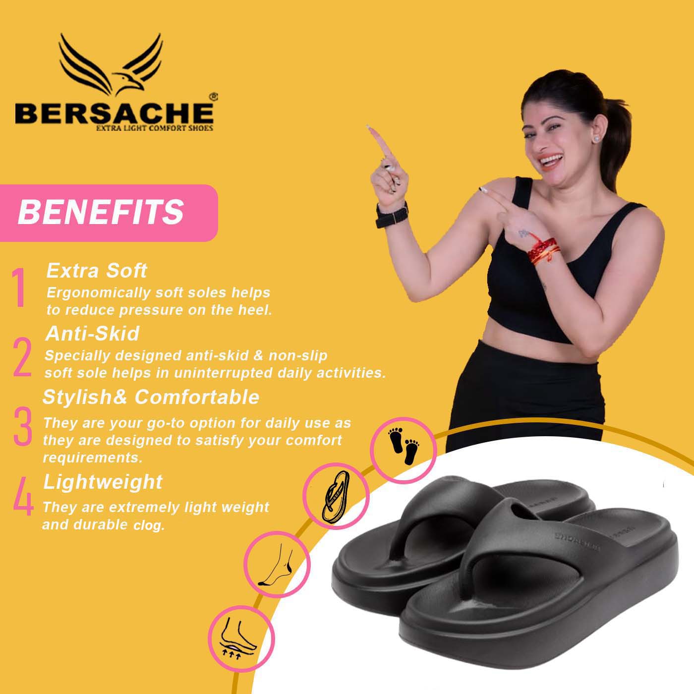 Bersache Extra Soft Classic Casual with  Regular wear with Ultra Soft & Flexibility Technology Sandal For women's/Girl's-(6109-Black)