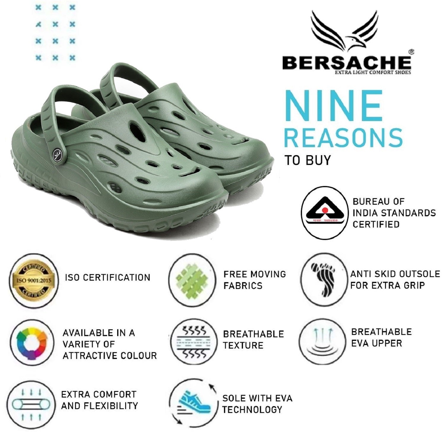 Bersache Extra Soft Classic Casual with  Regular wear with Ultra Soft & Flexibility Technology Clog's for Men's & Boy's -Green-6123