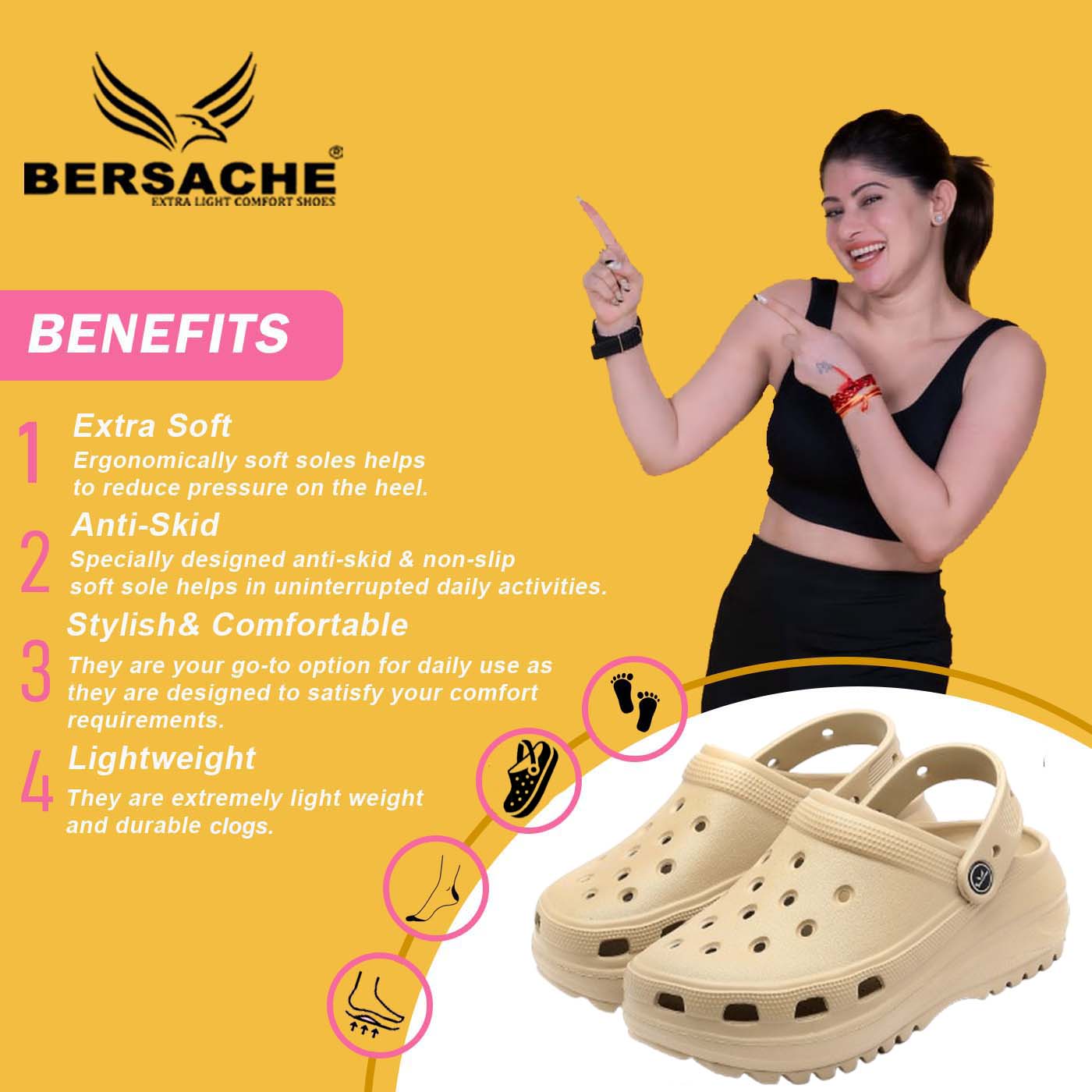 Bersache Extra Soft Classic Casual with  Regular wear with Ultra Soft & Flexibility Technology Clog,s For Women's/Girl's-Beige-6129