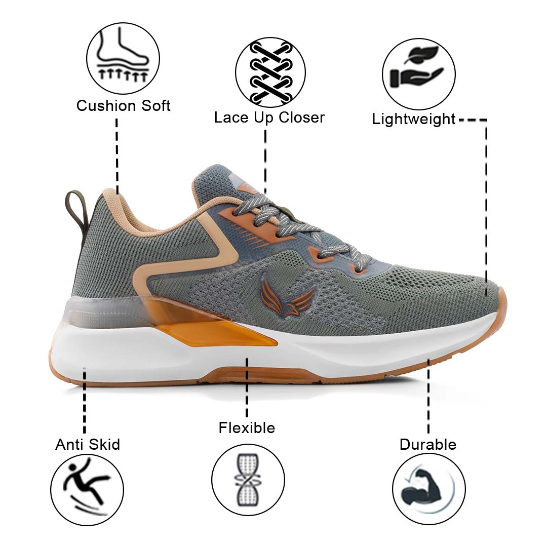 Bersache Premium Sports ,Gym, Trending Stylish Running Shoes For Men (9204-Grey/Orange)