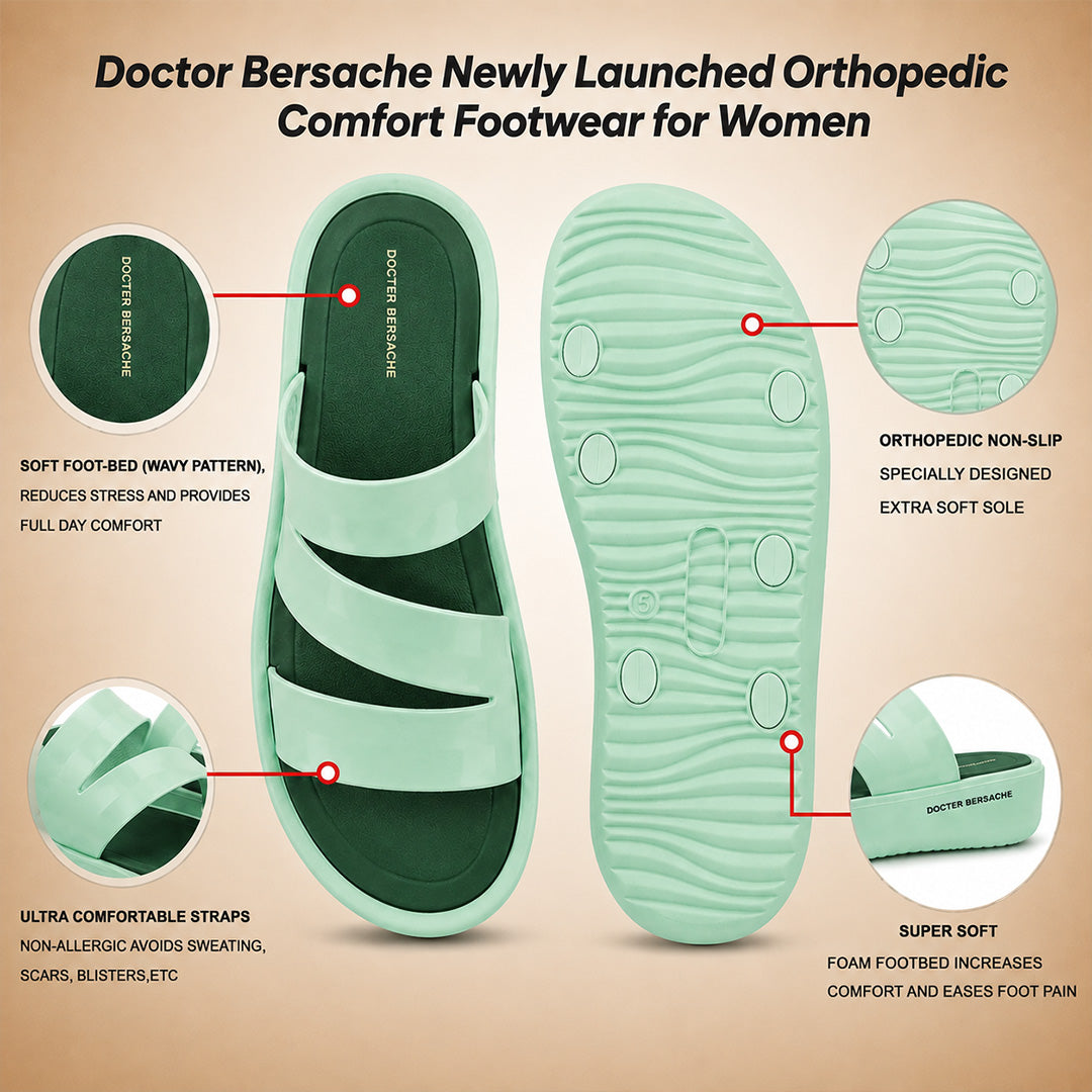 Doctor Bersache Newly Launched Orthopedic Comfort Slider for Women | Diabetic Friendly | Extra Cushioning | Arch Support | Pain Green -DS125.