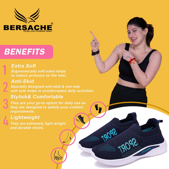 Bersache Lightweight Sports Running Walking Gym sneakers Trekking Hiking Lace up Shoes With High Quality Sole For Women - 7074 (Blue)