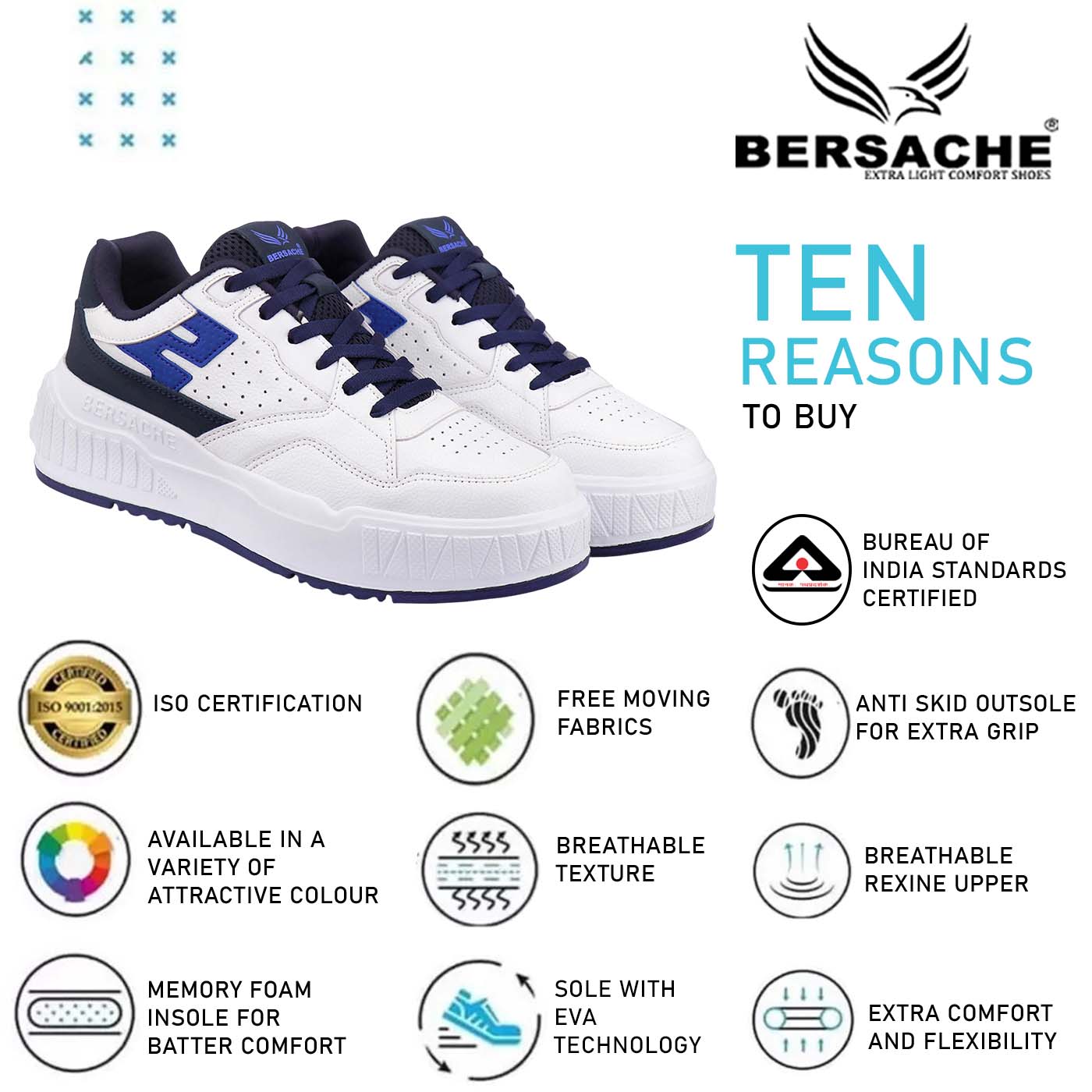 Bersache Lightweight Sports Running Shoes For Men Light (White & Blue-8049).